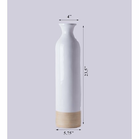 Uniquewise Cylinder Shaped Tall Spun Bamboo Floor Vase Glossy White Lacquer and Natural Bamboo Finish, Small QI003455WN.S